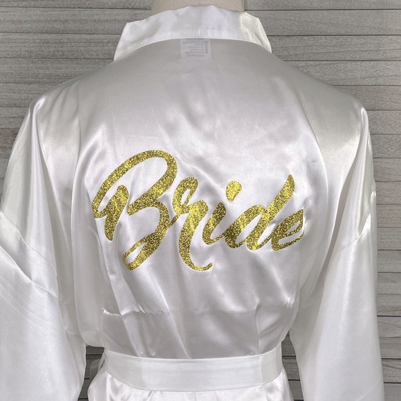 White Satin Bride Robe w Gold Lettering-Large - Picture 2 of 3